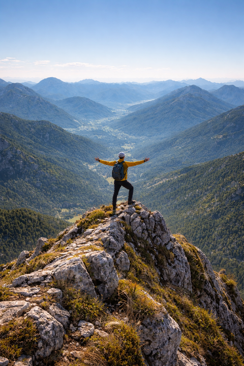 Bergsteiger erklimmt Gipfel und breitet die Arme aus