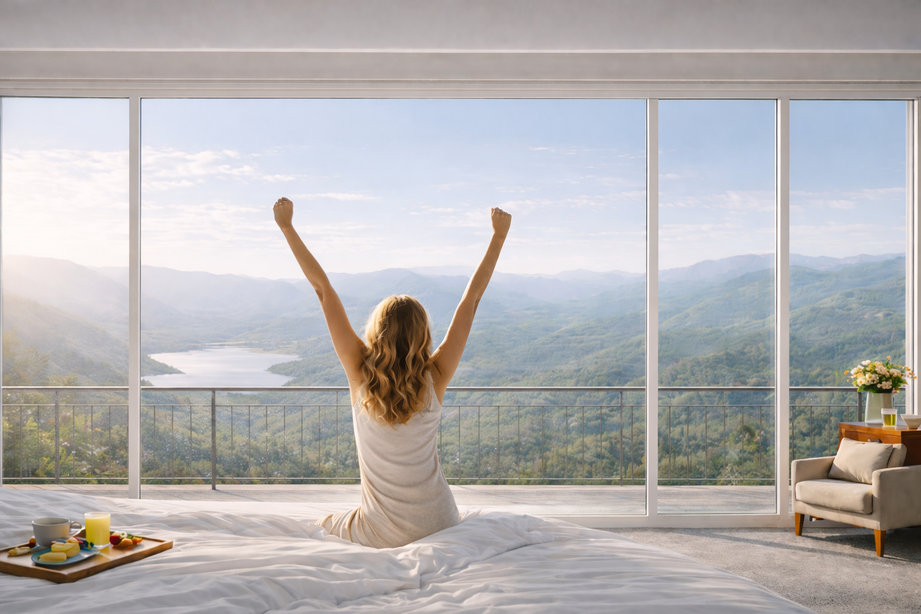 Frau streckt sich auf Hotelbett bei Sonnenaufgang und guckt auf eine Flusslandschaft