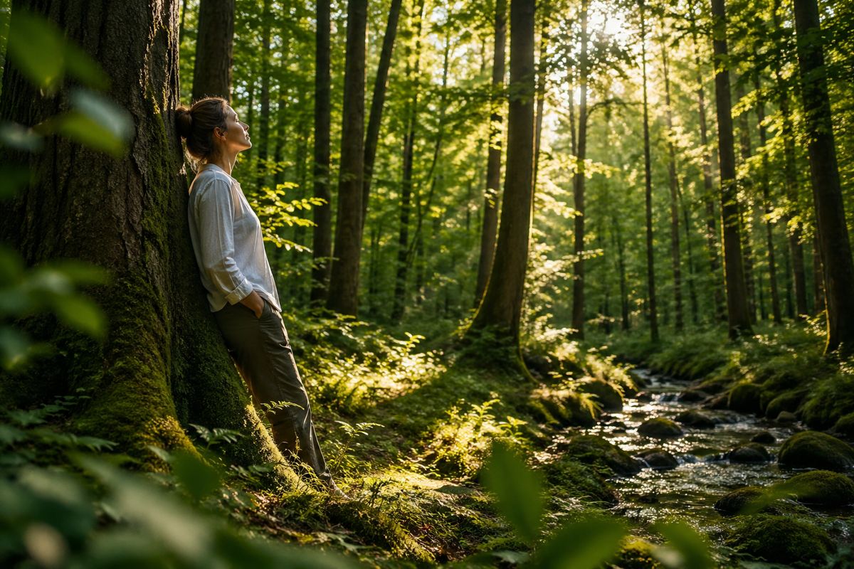 Waldbaden: Eine Frau lehnt sich an einen Baumstamm