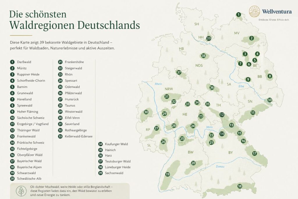 Übersichtskarte mit Waldgebieten in Deutschland